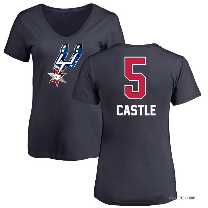 Stephon Castle Women's Navy San Antonio Spurs Name and Number Banner Wave V-Neck T-Shirt